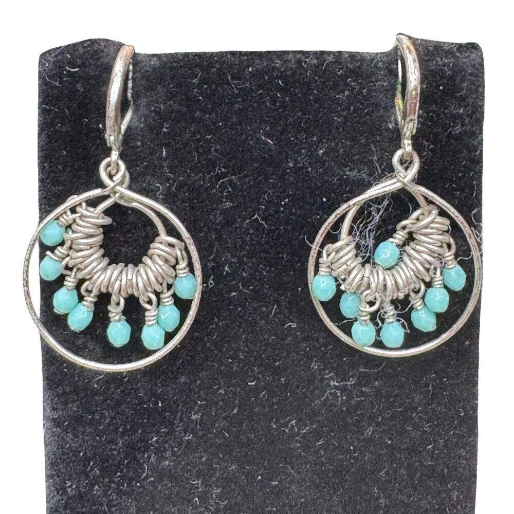 Vintage Larimar Sterling Silver Hoop Earrings Blue Beads & Spiral Chandelier